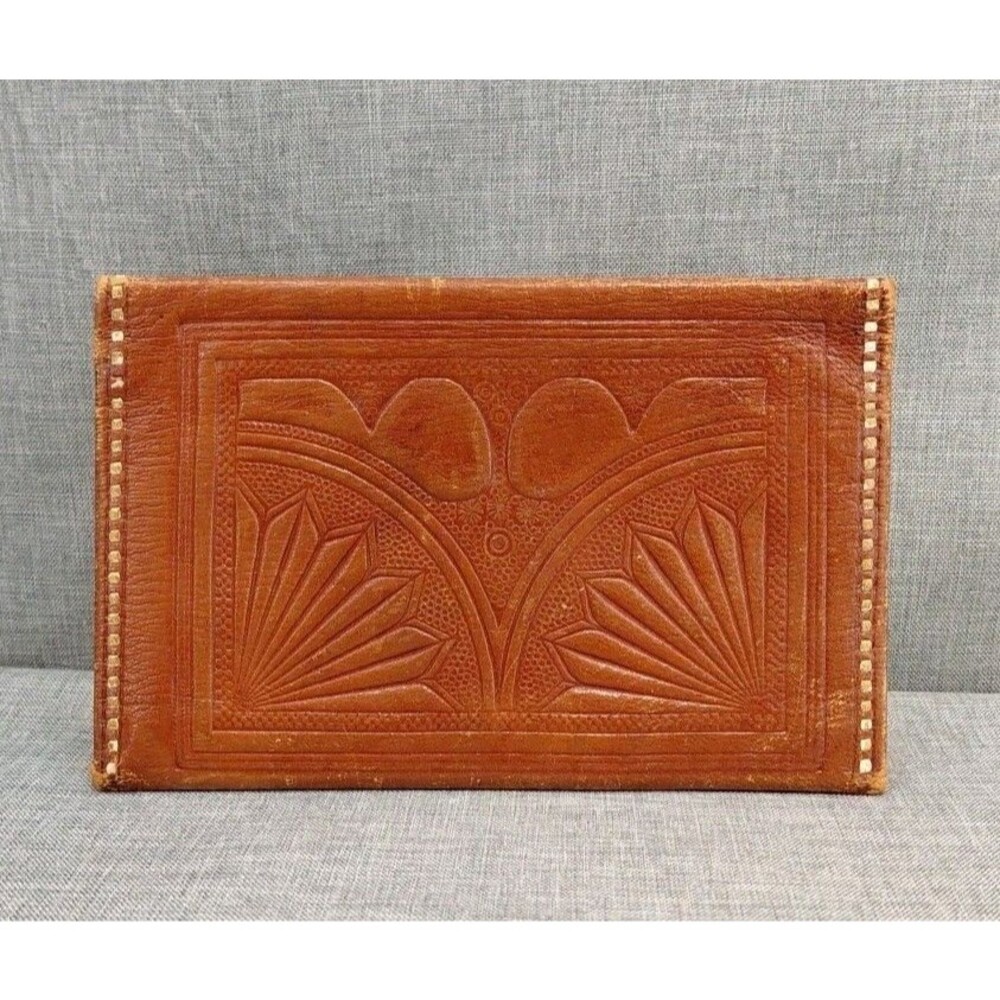 VTG Tooled Moroccan Leather Bi-fold Wallet Handstitched Handmade Pocket Unisex